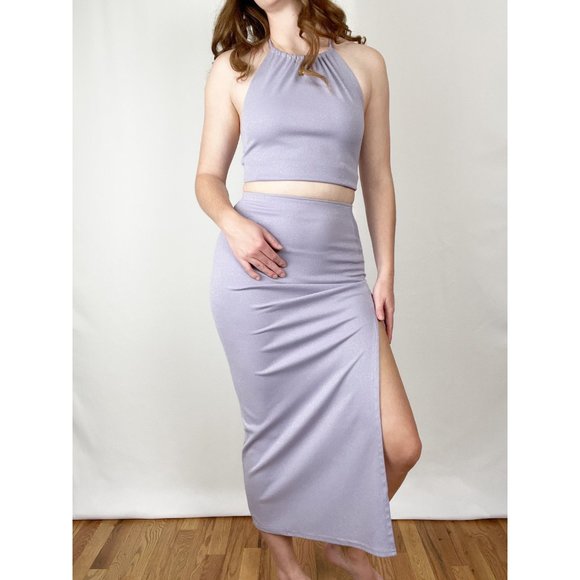 Vintage Matching Set High Rise Slit Midi Maxi Skirt Crop Top Formal Prom Dance - Picture 3 of 6